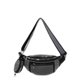 Borsa a tracolla nera con borchie, tracolla geometrica e portamonete rotondo su sfondo bianco - Argento