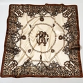 Satin square scarf with leopard print and gold chain patterns in brown and beige tones - New Beige