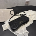 Classic black rectangular shoulder bag with woven texture and gold fashion lettering - Black