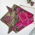 Magenta leopard and baroque chain print satin silk square scarf 90x90cm flat lay - New Rose Red