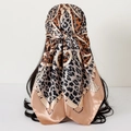 Leopard print satin square headscarf worn as a hair wrap in champagne and brown - Champagne Tassel Leopard (Style 7)