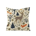 Nordic Christmas pillow cover with forest deer, fox, and owl on beige linen fabric - Nordic Forest Reindeer Fox Bird Illustration (JYM110-38)