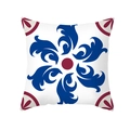 Ethnic blue floral print square pillowcase in peach skin fabric on white background - Blue Red Scrollwork (TPR381-3)