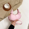 Chic pink leather crescent bag with dual stitching and golden metal hardware detail - Pink
