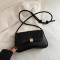 Minimalist black woven leather small square bag with matte gold buckle and adjustable strap - Black