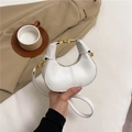 White vegan leather half-moon crossbody bag with gold metal lock and shoulder strap - White