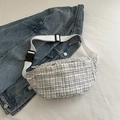 Women's black and white tweed crossbody chest bag with adjustable white strap - White