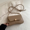 Brown faux leather crossbody bag with woven texture and gold square metal buckle - Khaki