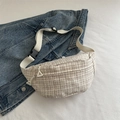 Chic cream tweed crossbody bag with brown check pattern on navy denim background - Off-white