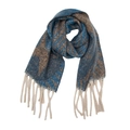 Detailed view of beige fringe tassels on thick blue and brown knit star pattern scarf - Star Royal Blue