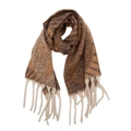 Close-up of thick jacquard knit scarf with brown animal pattern and white tassel fringe - Star Coffee
