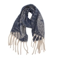 Close-up of blue and white jacquard star pattern scarf with delicate fringe edges - Star Navy Blue
