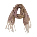 Close-up of thick purple and yellow knit scarf with long fringe and fuzzy star pattern - Star Purple Yellow