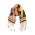 Dettaglio di sciarpa in maglia geometrica con frange a nappe e spessa trama invernale - Triangolo Grigio Giallo