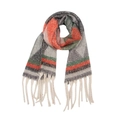 Detail of winter scarf showing thick boucle yarn texture and soft tassel fringe - Triangle Grey Green