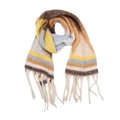 Macro detail of thick winter scarf with colorful jacquard pattern and long tassel edges - Triangle Brown Coffee