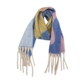 Détail d'une écharpe d'hiver épaisse avec motif géométrique multicolore et longues franges - 185x40+15cm / 02# Bleu Jaune Géométrique