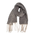 Detail of grey tweed winter scarf featuring thick off-white tassels and textured knit - Chain Blue Gray