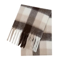 Close-up of thick plaid mohair scarf with tassels in brown and khaki tones - Brown (60#)