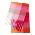 Close-up of soft rainbow plaid mohair scarf texture with classic tassel fringe edges - Rose Red (63#)