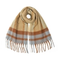 Close-up of thick plaid mohair scarf with caramel check pattern and soft fringe tassels - 190*40+15cm / Khaki Grid