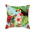Tropical bird and hibiscus leaf print peach skin cushion cover in light blue - Toucan Parrot Blue Base (TPR337-32)