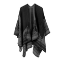 Women's black ink painting knit shawl wrap with split hem and forest jacquard pattern - Marble Black