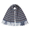 Winter oversized blue plaid scarf for women with soft fringe and vintage knit texture - 180x63cm / Blue Plaid