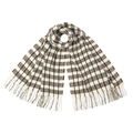 Close-up of winter scarf with blue plaid pattern and dense fringe detail on ends - 180x63cm / Beige Plaid