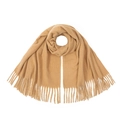 Detailed view of camel cashmere-like scarf showing soft knit texture and long tassels - Camel