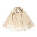 Close-up of cream knit scarf featuring soft texture and decorative long fringe edges - Beige