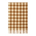 Detailed close-up of brown and beige checkered knit scarf with soft decorative tassels - Earthy Yellow