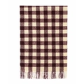 Detailed close-up of the red and white checkered scarf featuring classic woven fringe trim - Brown