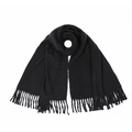 Detailed close-up of soft black cashmere-like scarf showing thick fringe tassels - Black