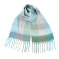 Thick rainbow plaid scarf in light blue and grey tones with fringe edges - Green