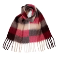 Winter mohair scarf in red and pink rainbow plaid with fringe details on white background - Burgundy