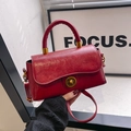 Modern deep red square handbag with vintage oil wax texture and gold hardware details - With Pendant / Red