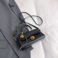 Classic black leather-textured small square bag with golden hardware and charm - With Pendant / Black