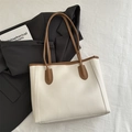 Borsa tote minimalista bianco avorio con finiture in pelle marrone caramello e capiente - Bianco Senza Pendente