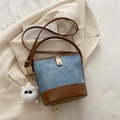 Retro blue denim bucket bag with brown leather trim and a white plush charm - With Pendant / Blue