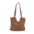 Grande borsa tote in paglia intrecciata marrone con manici in PU per spiaggia e vacanze - Cachi