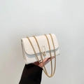 Weiße geflochtene Ledertasche mit elegantem Goldverschluss und Kettenriemen - Weiß