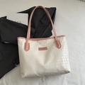 Grande borsa tote chic bianco crema con manici rosa e trama pied-de-poule di classe - Bianco Crema & Rosa