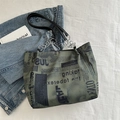 Retro newspaper print tote bag in sage green with black handles and metal chain - Green