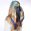 Sky blue satin headscarf with vintage orange paisley floral print and navy blue edges - Classic Blue Paisley