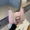 Pink leather and canvas saddle bag with a golden square buckle and adjustable strap - Pink