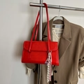 Bright red rectangular shoulder bag in glossy leather with fringe and cartoon pendant - No Pendant / Red
