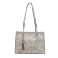 Elegante bolso tote blanco roto con bordado de mariposas plateadas y borla gris - Plateado