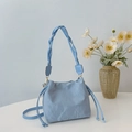 Sac seau bleu clair à texture plissée avec cordon et poignée tressée - Sans Pendentif / Bleu