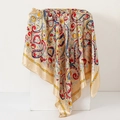 Champagne gold satin square scarf with colorful paisley floral pattern 90cm - Khaki Paisley